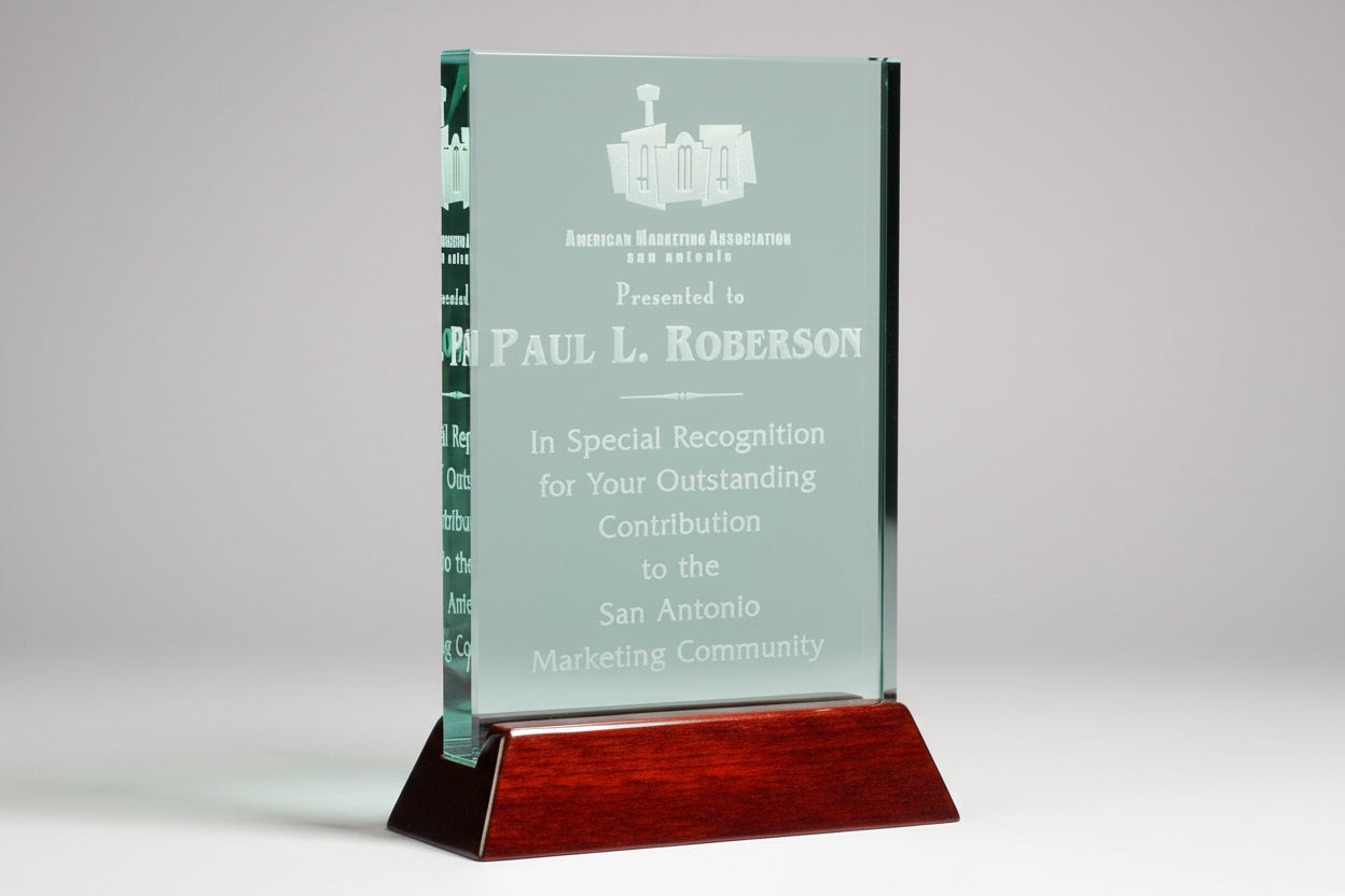Jade Crystal Plaque on Piano Rosewood Base