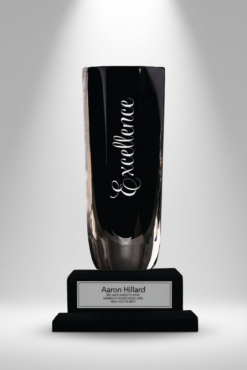Obsidian Colored Art Glass Vase and Tiered Ebony Base
